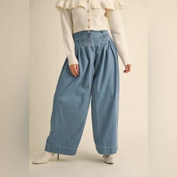 903. DENIM PLEATED WIDE LEG PANTS - Picture 8 of 10